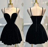 Evafashion Sweetheart A-Line Velvet Beaded Homecoming Dresses, Black Short Prom Dress HZ1024