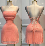 Evafashion Spaghetti Strap Sheath Tulle Beaded Homecoming Dresses, Coral Short Backless Prom Dress HZ1024