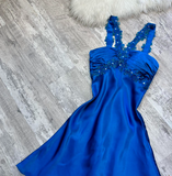 Evafashion A-Line Short Prom Dresses Halter Neck Satin Homecoming Dresses Royal Blue Birthday Dresses HZ1024