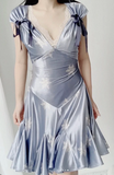 Evafashion V neck Sheath Satin Short Prom Dresses, Gray Blue Homecoming Dresses HZ1024