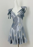 Evafashion V neck Sheath Satin Short Prom Dresses, Gray Blue Homecoming Dresses HZ1024