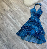 Evafashion V-neck A-Line Chiffon Homecoming Dresses, Short Blue Fairy Prom Dresses HZ1024