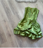 Evafashion Spaghetti Strap Ball Gown Satin Homecoming Dresses, Green Fairy Short Prom Dresses HZ1024