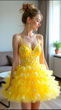 Evafashion Spaghetti Strap Ball Gown Tulle Short Prom Dress Yellow Homecoming Dress HZ1024