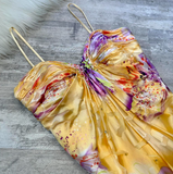 Evafashion Spaghetti Strap Sheath Long Prom Dresses, Floral Silk Guest Dresses, Yellow Formal Evening Dresses HZ1024