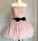 Evafashion Strapless Ball Gown Tulle Polka Dot Short Prom Dresses Pink Homecoming Dresses HZ1024