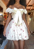 Evafashion Off-the-shoulder A-line Floral Short Prom Dresses, Floral Homecoming Dresses Sweet Birthday Dresses HZ1024