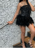 Evafashion Strapless Bodycon Short Prom Dresses, Black Homecoming Dresses, Sequined Birthday Dresses HZ1024