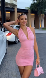 Evafashion V neck Bodycon Chiffon Short Prom Dresses, Pink Homecoming Dresses, Backless Birthday Dresses HZ1024