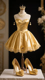Evafashion A-line Satin Short Prom Dresses, Gold Homecoming Dresses, Strapless Birthday Dresses HZ1024