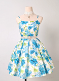 Evafashion Spaghetti Strap A-line Blue Homecoming Dress Floral Birthday Dresses HZ1024
