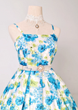 Evafashion Spaghetti Strap A-line Blue Homecoming Dress Floral Birthday Dresses HZ1024