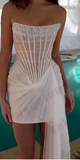 Evafashion Strapless Bodycon Beaded Tulle Short Prom Dresses, White Homecoming Dresses HZ1024