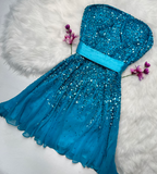 Evafashion Strapless Sheath Beaded Chiffon Short Prom Dresses, Blue Homecoming Dresses HZ1024