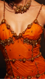 Evafashion Spaghetti Straps Sheath Beaded Tulle Prom Dresses Orange Long Evening Dresses HZ1024