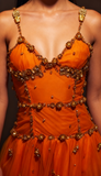 Evafashion Spaghetti Straps Sheath Beaded Tulle Prom Dresses Orange Long Evening Dresses HZ1024