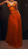 Evafashion Spaghetti Straps Sheath Beaded Tulle Prom Dresses Orange Long Evening Dresses HZ1024