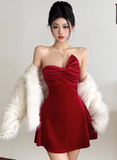 Evafashion Velvet Birthday Dresses Strapless Hoco Dresses Short Burgundy New Year's Eve Dresses HZ1024