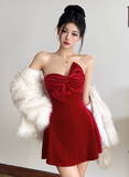 Evafashion Velvet Birthday Dresses Strapless Hoco Dresses Short Burgundy New Year's Eve Dresses HZ1024