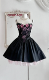 Evafashion A-Line Black Hoco Dresses Satin Spaghetti Straps Short Prom Dresses HZ1024
