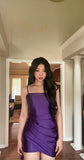 Evafashion Tight Homecoming Dresses Satin Spaghetti Strap Short Prom Dresses Purple Birthday Dresses HZ1024