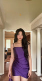 Evafashion Tight Homecoming Dresses Satin Spaghetti Strap Short Prom Dresses Purple Birthday Dresses HZ1024