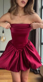 Evafashion A-Line Short Prom Dresses Satin Burgundy Homecoming Dresses Strapless Birthday Dresses HZ1024