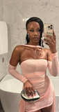 Evafashion Strapless Bodycon Homecoming Dresses Pink Birthday Dresses Chiffon Short Prom Dresses HZ1024