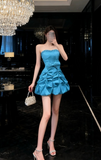 Evafashion A-line Short Prom Dresses, Taffeta Blue Homecoming Dresses Strapless Birthday Dresses HZ1024