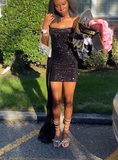 Evafashion Strapless Bodycon Homecoming Dresses Sequined Short Prom Dresses Black Birthday Dresses HZ1024