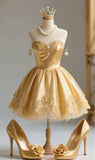 Evafashion Sweetheart A-Line Short Prom Dresses Satin Gold Homecoming Dresses HZ1024