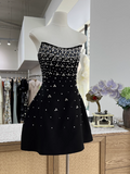 Evafashion A-Line Black Homecoming Dresses Strapless Formal Dresses Rhinestone Satin Mini Birtdhay Dresses Strapless Formal Dresses HZ1024