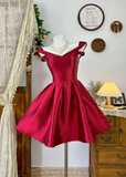 Evafashion V-neck A-Line Short Prom Dresses Satin Red Birthday Dresses Red Homecoming Dresses HZ1024