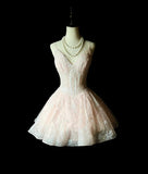 Evafashion V-neck A-Line Short Prom Dresses Sequin Tulle Pink Homecoming Dresses HZ1024