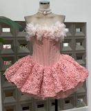 Evafashion Strapless Ball Gown, Pink Short Prom Dresses, Tulle Applique Pink Birthday Dresses, Sleeveless Homecoming Dresses HZ1024