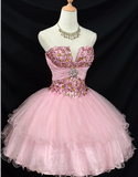 Evafashion Strapless Ball Gown Tulle Pink Short Prom Dresses Sequined Homecoming Dresses Pink Birthday Dresses HZ1024