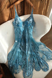 Evafashion V-neck Sheath Chiffon Beaded Short Prom Dresses, Turquoise Homecoming Dresses HZ1024