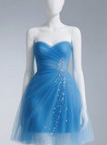 Evafashion Sweetheart Neck A-Line Tulle Short Prom Dresses, Blue Homecoming Dresses HZ1024