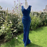 Fashion Mermaid V Neckline Navy Blue Floor Length Evening Dress Prom Dresses SD1881