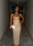 Mermaid Strapless Long Yellow Sequin Satin Party Dresses Prom Dresses SD2042