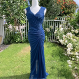 Fashion Mermaid V Neckline Navy Blue Floor Length Evening Dress Prom Dresses SD1881