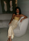 Mermaid Strapless Long Yellow Sequin Satin Party Dresses Prom Dresses SD2042