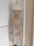 High Low Strapless Champagne Chiffon Ruffles Vacation Dress Women Dresses SD141