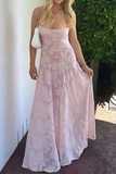 A Line Spaghetti Straps Floral Pink Lace Sleeveless Evening Prom Dresses SD1423