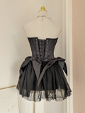 A line Strapless Black Travel Vacation Dresses Short Satin Birthday Dress SD147