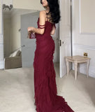 Mermaid Off The Shoulder Burgundy Slit Long Prom Dresses Formal Evening Dress SD1501
