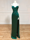 Sheath Spaghetti Straps Red Satin Sleeveless Long Backless Prom Dresses SD1447