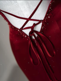 Mermaid Spaghetti Straps Floor Length Burgundy Satin Backless Prom Dresses SD1667