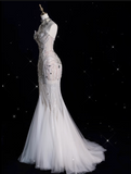 Mermaid Strapless Tulle With Silver Beads Long Wedding Dresses Brides Dress SD1864