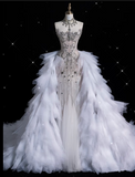 Mermaid Strapless Tulle With Silver Beads Long Wedding Dresses Brides Dress SD1864